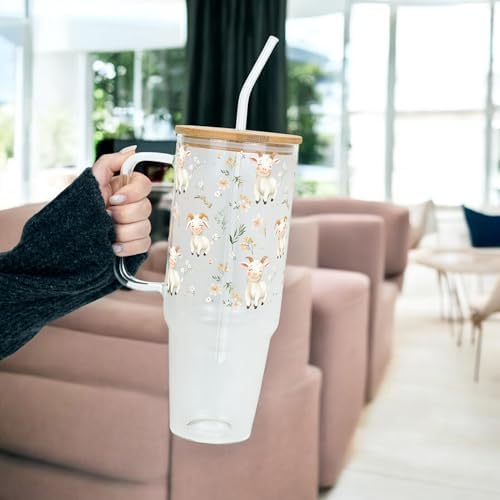 Sip-Sip Hooray! Smiling Goats 40oz Glass Tumbler with Lid and Straw - Image 5