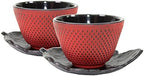 2 Sado Black Leaf Teacup Saucer+2 Red Polka Dot Hobnail Japanese Cast Iron Tea Cup Teacup by Unknown