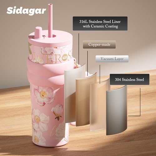 24 oz Ceramic Lined Insulated Stainless Steel Tumbler, Floral Pink - Image 7