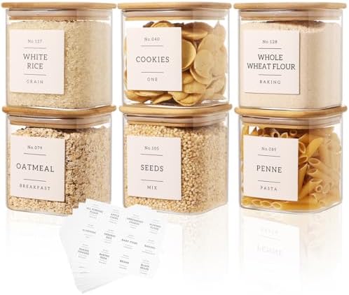 6 Pack Square Glass Pantry Storage Containers with 132 Kitchen Food Pantry Labels - 24 floz Clear Glass Pantry Jars with Airtight Wood Bamboo Lids - Glass Canisters for Sugar, Cereal, Coffee, Spice by CZDYSM