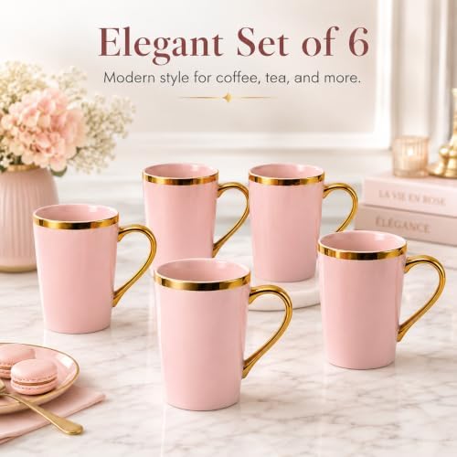Pink and Gold Coffee Mugs Set of 6, 12 oz Porcelain - Image 4