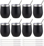 12 oz Insulated Wine Tumbler with Lid and Straw,Stainless Steel Stemless Wine Tumbler Glasses Double Wall Vacuum Wine Cups Tumbler Bulk for Coffee,Cocktail,Office(Black,8) by FristChoice