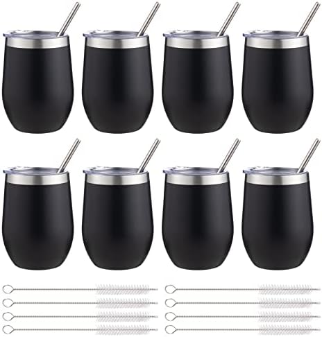 12 oz Insulated Wine Tumbler with Lid and Straw,Stainless Steel Stemless Wine Tumbler Glasses Double Wall Vacuum Wine Cups Tumbler Bulk for Coffee,Cocktail,Office(Black,8) by FristChoice