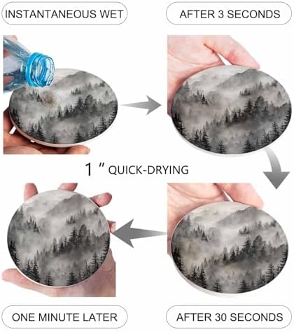 Coaster for Drinks 4 Pack,Watercolor Forest Tree Mountain Absorbent Round Ceramic Stone with Cork Base,Black Gray Natural Scenic Drink Coaster Cup Mats for Home Dining Coffee Tables - Image 3