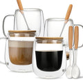 Double Wall Glass Coffee Mug 12 oz, Glass Coffee Mug with Handle 【4 Sets】 - DWTS Coffee Mug with Lid and Spoon for Americano, Cappuccino, Latte, Espresso by DWTSDANWEITESI