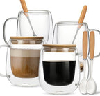 Double Wall Glass Coffee Mug 12 oz, Glass Coffee Mug with Handle 【4 Sets】 - DWTS Coffee Mug with Lid and Spoon for Americano, Cappuccino, Latte, Espresso by DWTSDANWEITESI