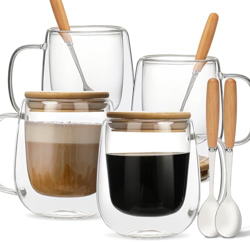 Double Wall Glass Coffee Mug 12 oz, Glass Coffee Mug with Handle 【4 Sets】 - DWTS Coffee Mug with Lid and Spoon for Americano, Cappuccino, Latte, Espresso by DWTSDANWEITESI