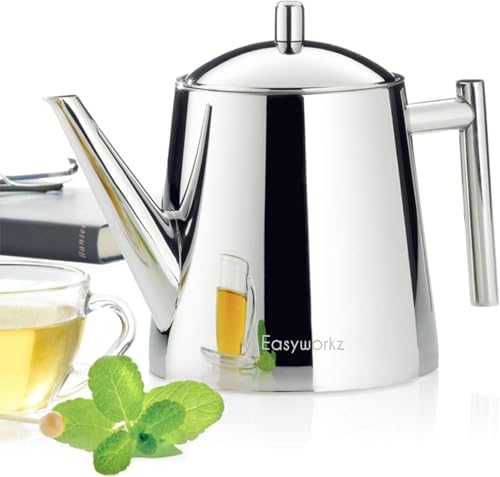 Easyworkz Stainless Steel Double Wall 34 oz Tea Pot with Removable Tea Infuser, Perfect for Brewing Your Favorite Tea, Chrome - Image 5