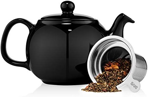 SAKI Large Porcelain Teapot, 48 Ounce Tea Pot with Infuser, Loose Leaf and Blooming Tea Pot - Black - Image 4