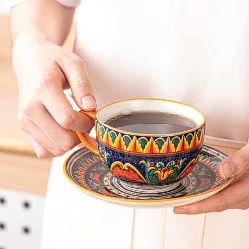 Henten Home Ceramic 8.5 oz Tea Cup Set, Latte Cup with Saucers Set of 2 - Image 4