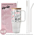 Sip-Sip Hooray! Love Script Hearts 40oz Glass Tumbler with Lid and Straw - Image 2
