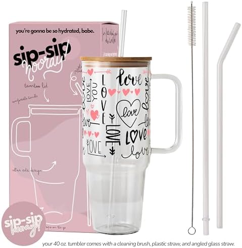 Sip-Sip Hooray! Love Script Hearts 40oz Glass Tumbler with Lid and Straw - Image 2