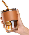 Glass Tumbler with Straw & Leather Sleeve – Reusable, Thick Borosilicate Glass Coffee Cup with Handle Grip | 400ml Iced Coffee Mug | with extra steel straw and straw cleaning brush by Unknown