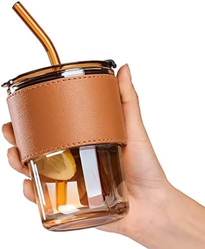Glass Tumbler with Straw & Leather Sleeve – Reusable, Thick Borosilicate Glass Coffee Cup with Handle Grip | 400ml Iced Coffee Mug | with extra steel straw and straw cleaning brush by Unknown