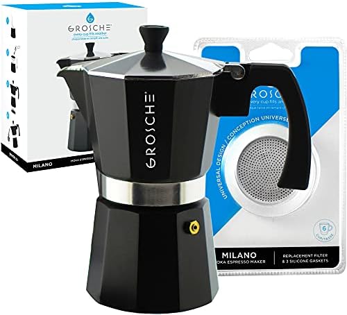 GROSCHE Milano Stovetop Espresso Maker Moka pot 6 espresso Cup - 9.3 oz, Black and 3 Replacement Seals Gaskets Bundle Stove top coffee maker Moka Italian espresso coffee maker and replacement gaskets by GROSCHE