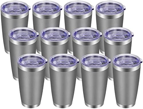 VEGOND 20oz Tumbler with Lid and Straw Stainless Steel Tumbler Cup Bulk Vacuum Insulated Double Wall Travel Coffee Mug Powder Coated Coffee Cup, Grey, 12 Pack by VEGOND