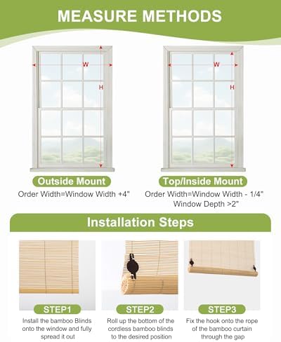 32" W x 72" H Cordless Bamboo Roller Shades for Interior, Natural - Image 3