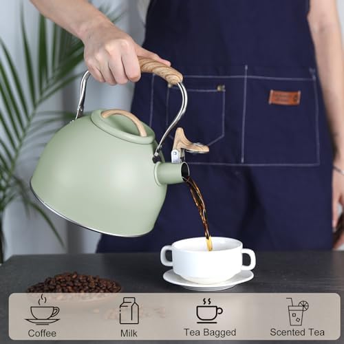 Tea Kettle, Vegoran 100 OZ / 3 Liter Whistling Tea Kettle, Tea Pots for Stove Top Food Grade Stainless Steel with Wood Pattern Folding Handle, Loud Whistle Kettle for Tea, Coffee, Milk (Green) - Image 7