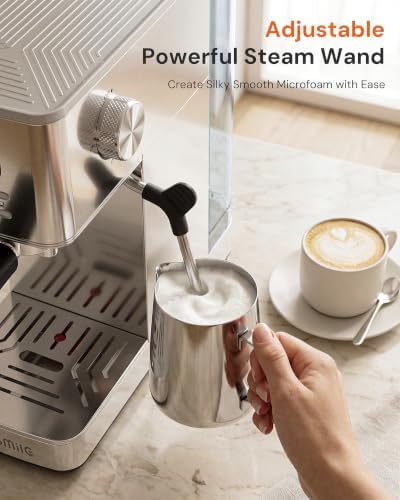 Kismile 20 Bar Espresso Machine with Milk Frother, Compact Semi-Automatic Espresso Maker, Stainless Steel, Pressure Gauge, 1.4L Water Tank, Hot Water Function for Cappuccino & Latte (Silver) - Image 4
