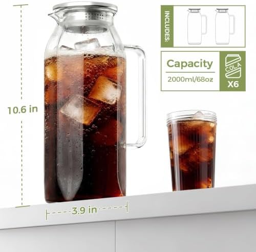 2 Pack Glass Pitcher with Lid and Handle for Fridge, Iced Tea and Coffee Carafe Beverage Serveware, 2 Liters/68 oz Heat Resistant Borosilicate Water Jug for Hot/Cold Drinks - Image 2