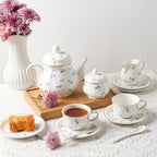 Sweejar 23 Pcs Floral Tea Sets with Metal Holder, Relief Gold Rim Porcelain Tea Sets for Adults, Cup and Saucer Set for 6, with Teapot, Sugar Bowl, Milk Jug, Spoons (Blue Flower) - Image 6