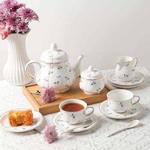 Sweejar 23 Pcs Floral Tea Sets with Metal Holder, Relief Gold Rim Porcelain Tea Sets for Adults, Cup and Saucer Set for 6, with Teapot, Sugar Bowl, Milk Jug, Spoons (Blue Flower) - Image 6