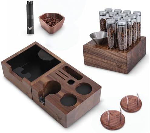 Walnut Espresso Accessories Set 58mm– Knock Box, 58mm Tamper Station, Single Dose Coffee Storage Tubes, Dosing Cup & RDT Spray 2pcs Wall-Mounted Portafilter Holder – Premium Barista Tools by KNODOS