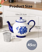 45 Ounce Tea Pot with Infuser, Ceramic Blue and White Teapot, Flowers - Image 2