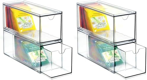 Youngever 3 Drawers Plastic Kitchen Pantry Stackable Storage Organizer, Plastic Tea Packet Organizers, Stackable Tea Bag Holder, 9" x 3" x 3.5" (Pack of 2) by Youngever