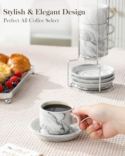 MALACASA 4 OZ Porcelain Espresso Cups with Saucers and Metal Stand Set of 4, Stackable Cappuccino Cups, Marble Gray Expresso Shots Cup Set for Coffee Drinks, Latte, Tea - Image 5