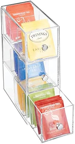 mDesign Plastic Kitchen Pantry, Cabinet, Countertop Organizer Storage Station with 3 Drawers for Coffee, Tea, Sugar Packets, Sweeteners, Creamers, Drink Pods, Packets - 3 Sections - Clear by mDesign