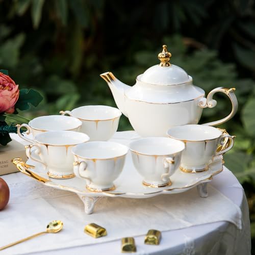 ACMLIFE Tea Sets for Adults Fine Bone China Tea Set for 6, Porcelain Teapot Sets for Adults 24K Gold, Afternoon Modern Cups and Saucers for Women Tea Party or Gifts Giving (White) - Image 4