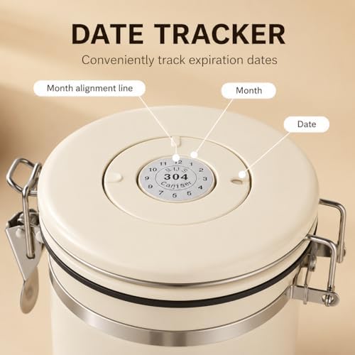 MEGAWISE Coffee Canister, 2.8L Airtight Stainless Steel Coffee Container with CO2 Valve, Date Tracker, Locking Lid, 304 Inner Bowl for Coffee Beans, Grounds, Tea, Sugar, Cream White - Image 7