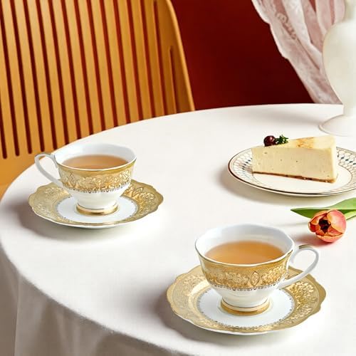 Luxury White & Gold Embossed Tea Cups and Saucers with Teapot, Sugar Bowl, & &Creamer, Vintage European Porcelain Coffee Set for Tea Party, Wedding, Gift (Gold Lace, 4pcs/set) - Image 2