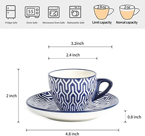 Selamica Ceramic 2 oz Espresso Cups, Small Expresso Coffee Cup Set with Saucers, Porcelain Mini Demitasse Cups for Latte Mocha Tea, Set of 6, Vintage Blue - Image 3