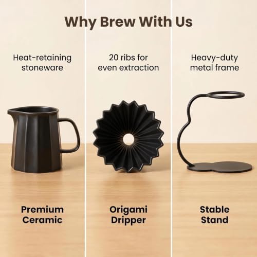 Pour Over Coffee Maker set,Ceramic Coffee Maker With V60 40 pcs Paper Filter，Metal Stand Pour Over Coffee Dripper black - Image 3