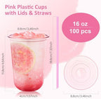 tchrules 100 Set 16oz Pink Plastic Disposable Cups with Lids and Straws - Image 2