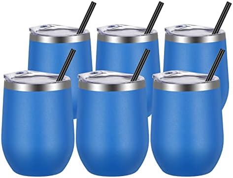 VEGOND Wine Tumblers Bulk 6 Pack, 12oz Stainless Steel Stemless Wine Glass with Lids and Straws, Double Wall Vacuum Insulated Tumbler Cup, Coffee Mug for Cold Hot Drinks by VEGOND