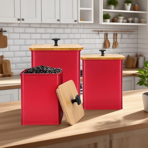 Kitchen Canisters Set of 3, Metal Flour Sugar Storage Containers with Airtight Lids-Canisters Sets for Kitchen with Customizable Chalkboard Labels & Marker Pen-Spice, Coffee Storage Jars(Red) - Image 6