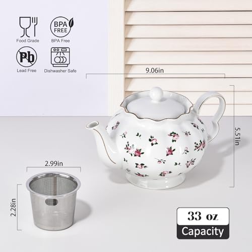 Floral Teapot with Infuser, 33oz, Ceramic Tea Pot with Tea Strainers for Loose Leaf Tea, Rose Teapots for Tea Party, New Bone Porcelain Teapot - Image 4
