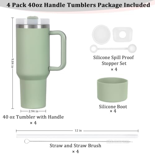 4 Pack 40 Oz Tumbler with Handle Bulk, Double Wall Vacuum Insulated Stainless Steel Tumbler with Lid and Straw, 40 oz cup with Silicone Spill Proof Stopper Set (Dark Green) - Image 3