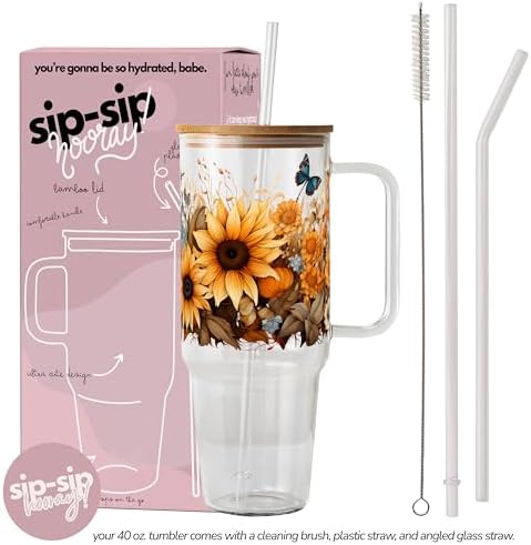 Sip-Sip Hooray! Wildflower 40oz Glass Tumbler with Handle, Lid and Straw, Floral Iced Coffee Cup for Women, Flower Lover Gift, Large Botanical Drinkware - Image 5