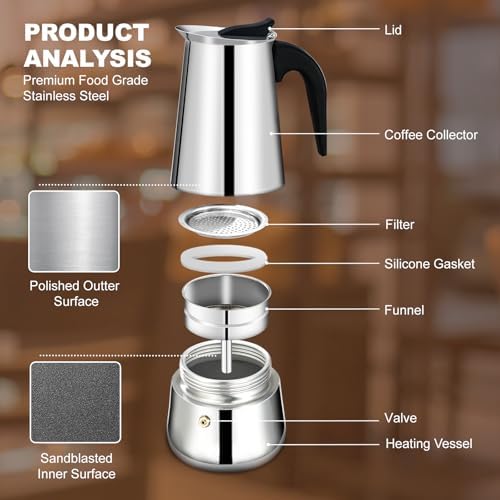 Manual Coffee Grinder Detachable Stainless Steel Conical Burr Aluminum Coffee Bean Grinder Silver with 2 Cup Stovetop Espresso Maker Stainless Steel Moka Pot Stove Top Percolator Italian Coffee - Image 5