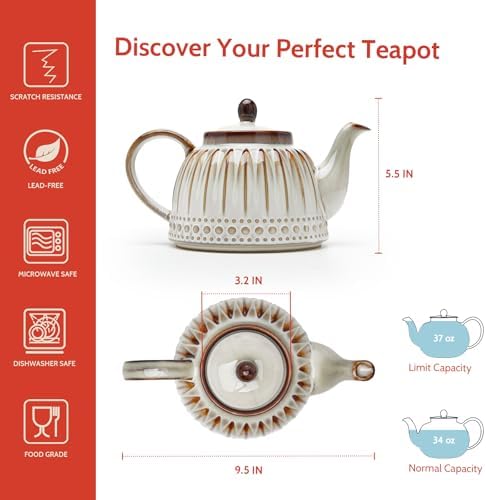 Sweese Ceramic Teapot, Beaded Retro Flower Glaze, 1100ml/37 oz Large Tea Pot for Loose Tea or Bags, Enough for 4 Cups, Nebula Amber - Image 2