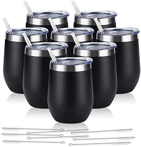 8 Pack 12Oz Stainless Steel Wine Tumblers, Insulated Wine Tumbler, Double Wall Insulated Wine Glass, Stainless Steel Stemless Wine Cups with Lids for Coffee, Wine, Cocktails, Champaign, Black by Lifecapido