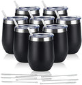 8 Pack 12Oz Stainless Steel Wine Tumblers, Insulated Wine Tumbler, Double Wall Insulated Wine Glass, Stainless Steel Stemless Wine Cups with Lids for Coffee, Wine, Cocktails, Champaign, Black by Lifecapido