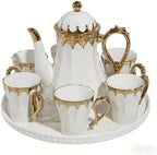 Elegant White and Gold Ceramic Tea Set with Teapot, 6 Cups, and Serving Tray (Po Guang Bai) by Unknown