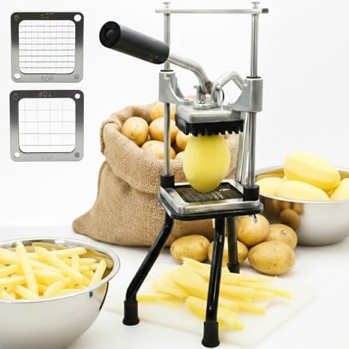 ICO Professional French Fry Cutter & Potato Cutter - Industrial Grade Vertical Potato Slicer for Regular & Sweet Potatoes - 2 Stainless Steel Blades with Universal Pusher & High-Stability Tripod Base by ICO