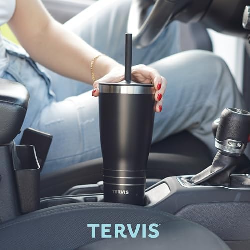 Tervis Traveler Powder Coated Stainless Steel Triple Walled Insulated Tumbler Travel Cup Keeps Drinks Cold & Hot, 30oz - with Straw Lid, Foxberry Red - Image 6