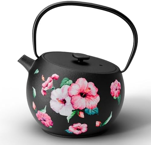 Toptier Teapot with Removable Infuser, Cast Iron Tea Kettle Stovetop Safe, Solid Geometry Ball Design Tea Pot Coated with Enameled Interior for 32 Ounce (950 ml), Morning Glory by toptier